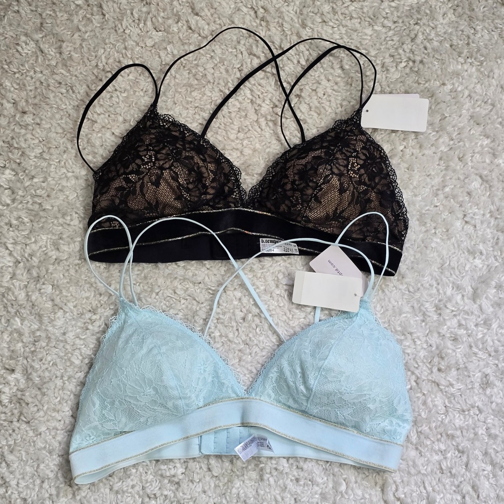 b.tempt'd Bra Set Women XL Black Blue Padded‎ Lace Metallic Trim Romantic Glam